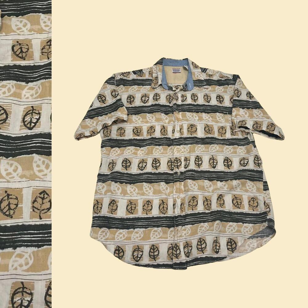 Vintage 90s L Bugle Boy men's shirt, striped mens short sleeve beige button down